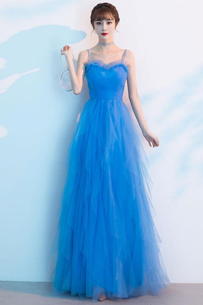 Sweetheart Neck Blue Tulle Long Prom Dresses, Thin Straps Blue Formal Dresses, Blue Evening Dresses