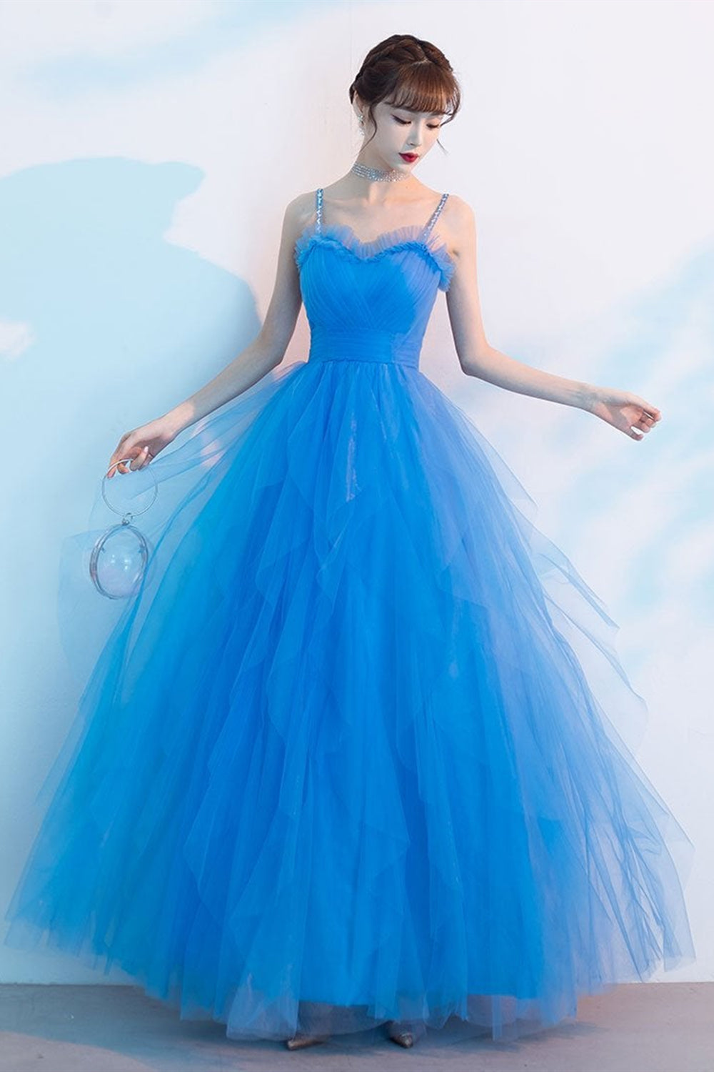 Sweetheart Neck Blue Tulle Long Prom Dresses, Thin Straps Blue Formal Dresses, Blue Evening Dresses