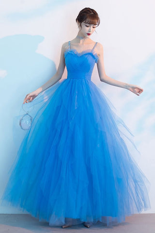 Sweetheart Neck Blue Tulle Long Prom Dresses, Thin Straps Blue Formal Dresses, Blue Evening Dresses