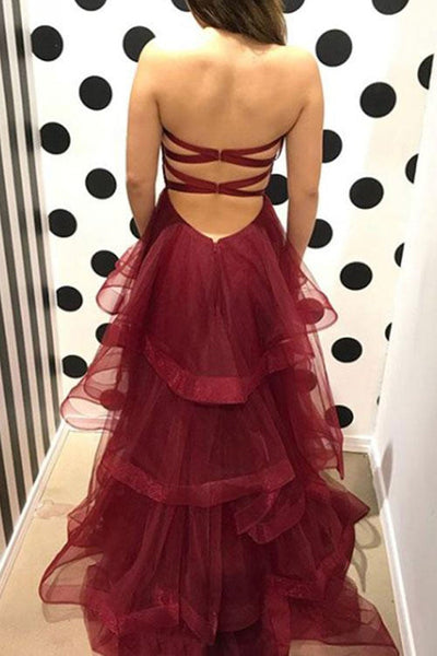 Sweetheart Neck Burgundy Tulle Layered Long Prom Dresses, Open Back Burgundy Formal Dresses, Strapless Burgundy Evening Dresses