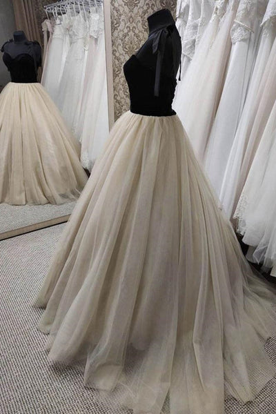 Sweetheart Neck Champagne Tulle Long Prom Dresses with Black Velvet Top, Black Velvet Champagne Long Formal Evening Dresses