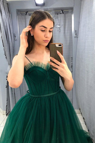 Sweetheart Neck Green Tulle Long Prom Dresses, Long Green Tulle Formal Evening Dresses 