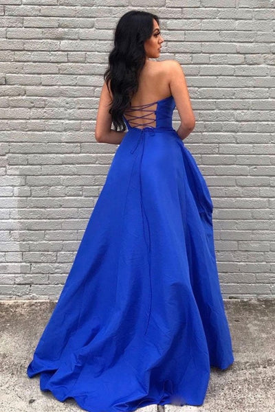 Sweetheart Neck High Low Blue Long Prom Dresses, Strapless Blue Formal Graduation Evening Dresses