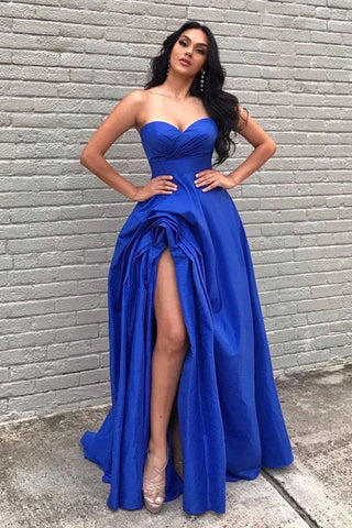 Sweetheart Neck High Low Blue Long Prom Dresses, Strapless Blue Formal Graduation Evening Dresses
