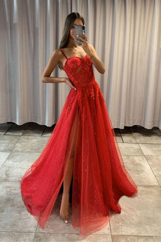 Sweetheart Neck High Slit Red Lace Long Prom Dresses, Red Lace Formal Dresses, Red Evening Dresses