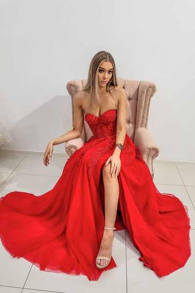 Sweetheart Neck High Slit Red Lace Long Prom Dresses, Strapless Red Formal Dresses, Red Lace Evening Dresses