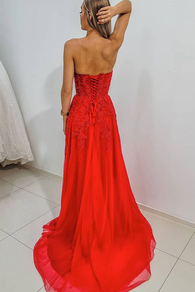 Sweetheart Neck High Slit Red Lace Long Prom Dresses, Strapless Red Formal Dresses, Red Lace Evening Dresses
