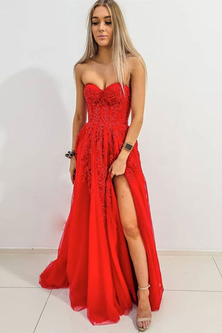 Sweetheart Neck High Slit Red Lace Long Prom Dresses, Strapless Red Formal Dresses, Red Lace Evening Dresses