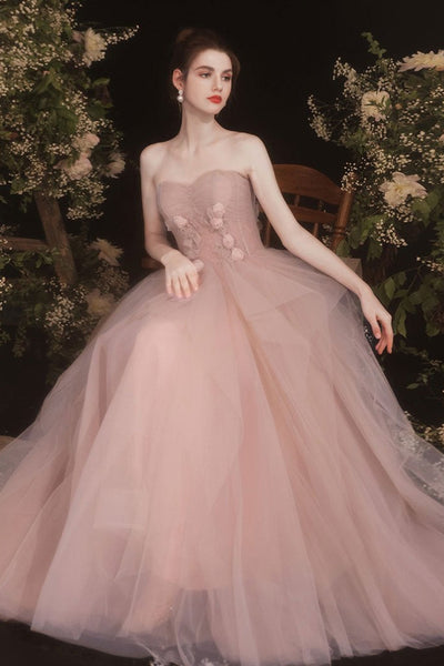 Sweetheart Neck Off Shoulder Pink Long Prom Dresses with Flowers, Long Pink Formal Evening Dresses