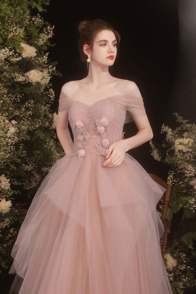 Sweetheart Neck Off Shoulder Pink Long Prom Dresses with Flowers, Long Pink Formal Evening Dresses