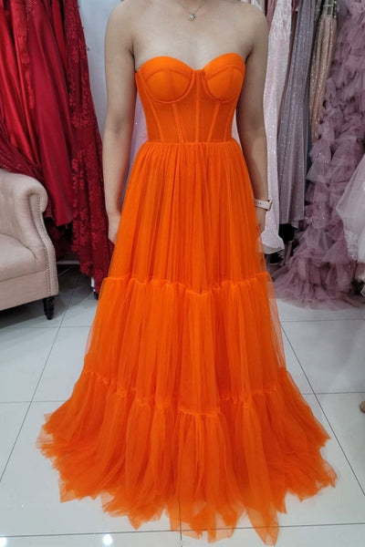 Sweetheart Neck Orange Tulle Long Prom Dresses, Strapless Orange Formal Dresses, Orange Evening Dresses