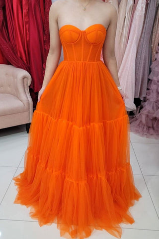 Sweetheart Neck Orange Tulle Long Prom Dresses, Strapless Orange Formal Dresses, Orange Evening Dresses