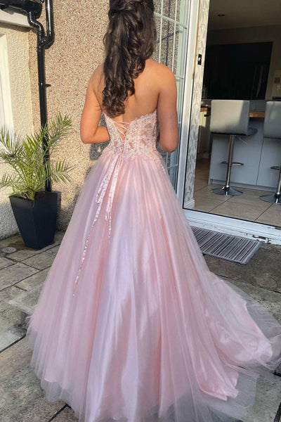 Sweetheart Neck Pink Lace Long Prom Dresses, Open Back Pink Formal Dresses, Pink Lace Evening Dresses