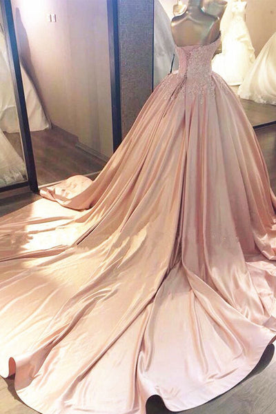 Sweetheart Neck Pink Lace Long Prom Dresses with Train, Long Pink Lace Formal Evening Dresses, Pink Satin Ball Gown