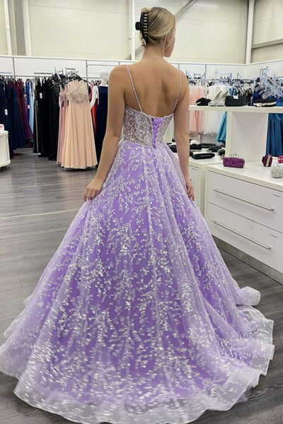 Sweetheart Neck Purple Lace long Prom Dresses, Open Back Purple Formal Dresses, Purple Lace Evening Dresses