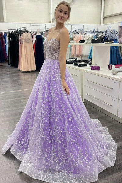 Sweetheart Neck Purple Lace long Prom Dresses, Open Back Purple Formal Dresses, Purple Lace Evening Dresses