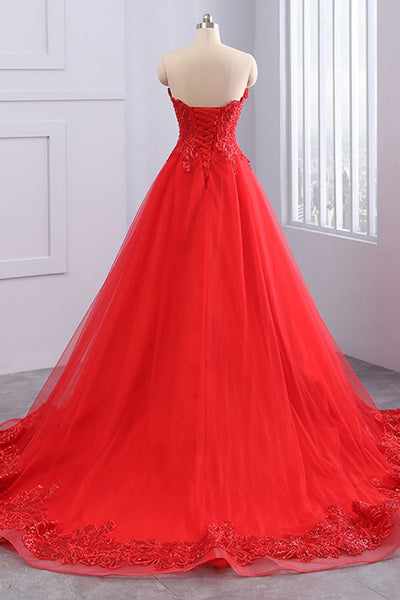 Sweetheart Neck Red/Light Blue Lace Tulle Long Prom Dresses, Strapless Red/Blue Lace Formal Evening Dresses