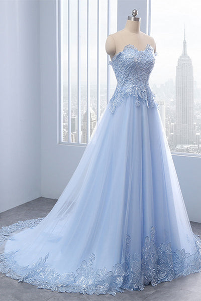 Sweetheart Neck Red/Light Blue Lace Tulle Long Prom Dresses, Strapless Red/Blue Lace Formal Evening Dresses