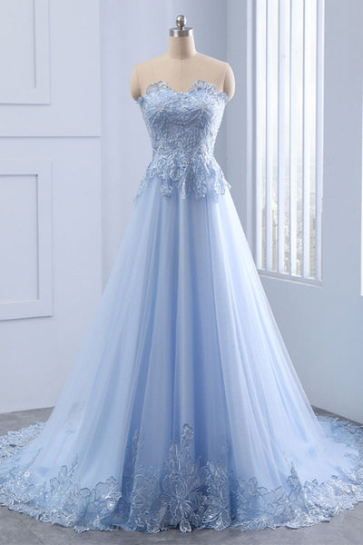 Sweetheart Neck Red/Light Blue Lace Tulle Long Prom Dresses, Strapless Red/Blue Lace Formal Evening Dresses