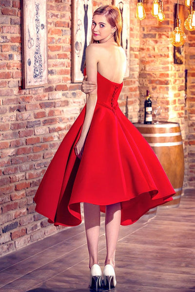 Sweetheart Neck Red Satin Short Prom Homecoming Dresses, Strapless Red Formal Graduation Evening Dresses