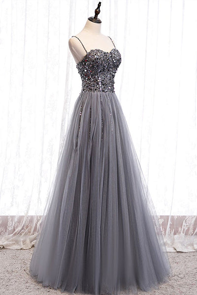 Sweetheart Neck Shiny Sequins Gray Long Prom Dresses, Gray Sequins Formal Dresses, Sparkly Grey Evening Dresses