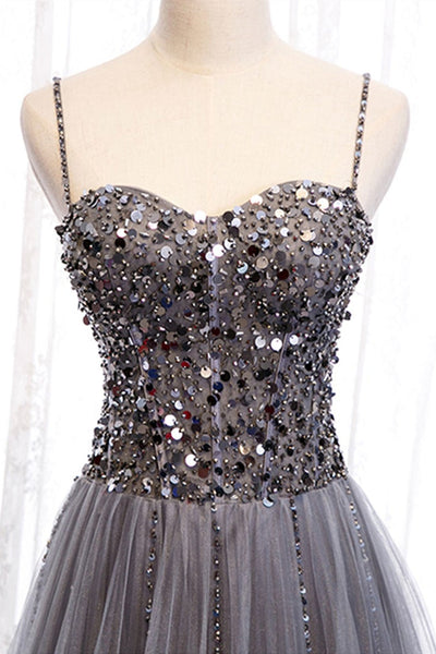 Sweetheart Neck Shiny Sequins Gray Long Prom Dresses, Gray Sequins Formal Dresses, Sparkly Grey Evening Dresses