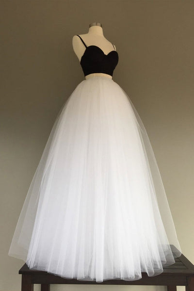 Sweetheart Neck Two Pieces White Tulle Long Prom Dresses, Black Top White Formal Graduation Evening Dresses