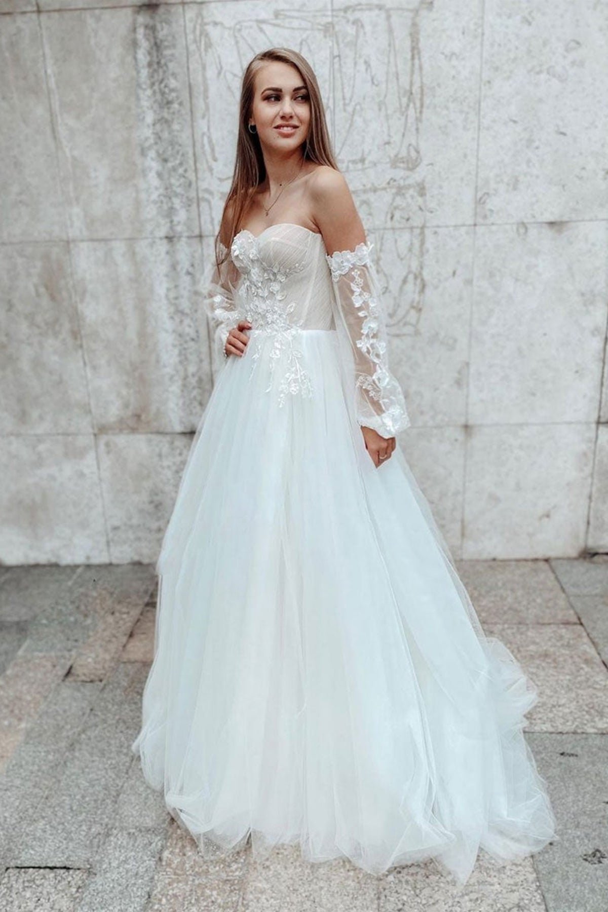 Sweetheart Neck White Lace Tulle Long Prom Wedding Dresses, White Lace Formal Dresses, White Evening Dresses