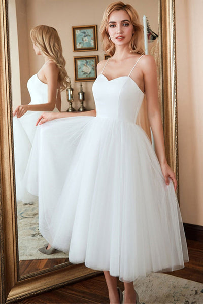 Sweetheart Neck White Tulle Tea Length Prom Dresses, White Formal Evening Dresses