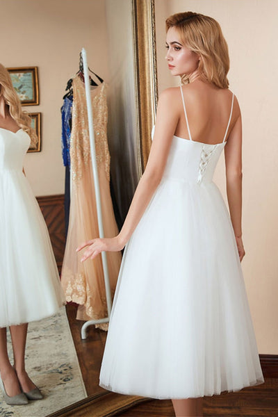 Sweetheart Neck White Tulle Tea Length Prom Dresses, White Formal Evening Dresses