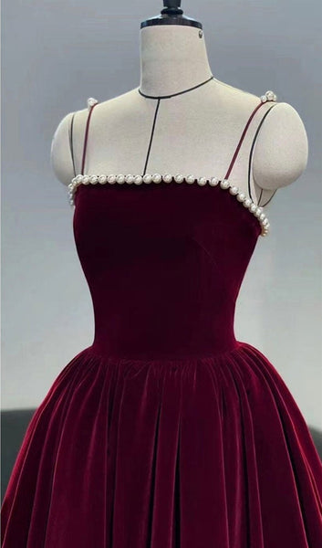 Thin Straps Burgundy Velvet Short Prom Homecoming Dresses with Pearls, Short Burgundy Velvet Formal Graduation Evening Dresses