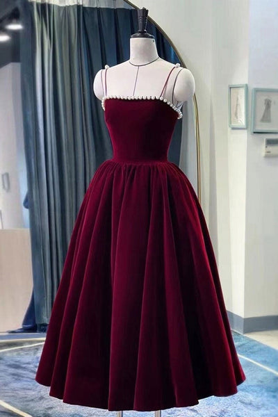 Thin Straps Burgundy Velvet Short Prom Homecoming Dresses with Pearls, Short Burgundy Velvet Formal Graduation Evening Dresses
