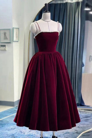 Thin Straps Burgundy Velvet Short Prom Homecoming Dresses with Pearls, Short Burgundy Velvet Formal Graduation Evening Dresses