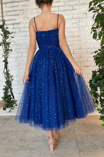 Thin Straps Open Back Blue Tea Length Prom Homecoming Dresses, Blue Tulle Formal Graduation Evening Dresses