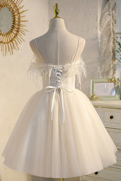 Thin Straps Open Back White Tulle Short Prom Homecoming Dresses, Short White Formal Graduation Evening Dresses