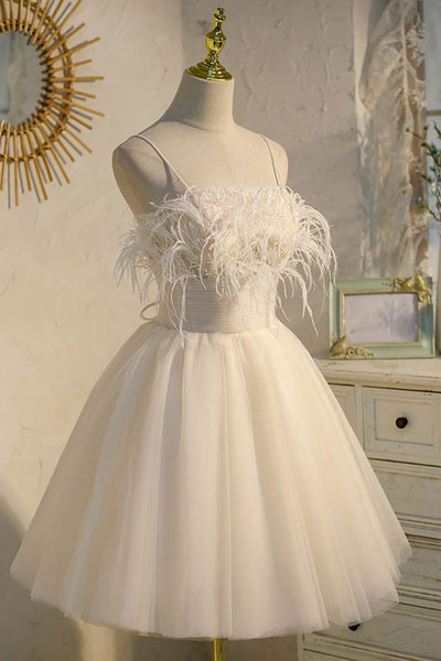 Thin Straps Open Back White Tulle Short Prom Homecoming Dresses, Short White Formal Graduation Evening Dresses