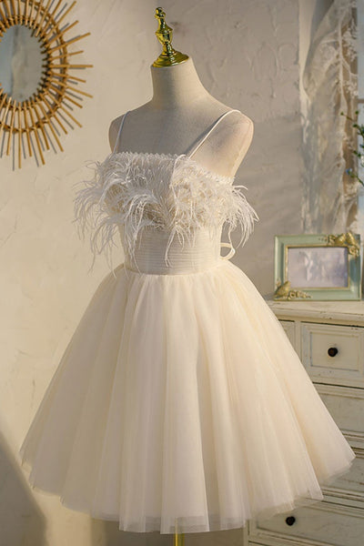 Thin Straps Open Back White Tulle Short Prom Homecoming Dresses, Short White Formal Graduation Evening Dresses