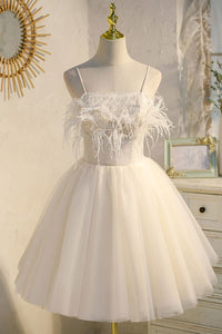 Thin Straps Open Back White Tulle Short Prom Homecoming Dresses, Short White Formal Graduation Evening Dresses