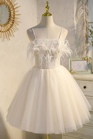 Thin Straps Open Back White Tulle Short Prom Homecoming Dresses, Short White Formal Graduation Evening Dresses