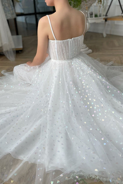 Thin Straps White Tulle Tea Length Prom Dresses, Sweetheart Neck White Formal Evening Homecoming Dresses