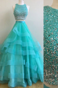 Two Pieces Green Tulle Beaded Long Prom Dresses, 2 Pieces Green Formal Dresses, Green Evening Dresses