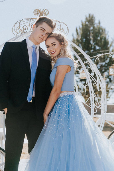 Two Pieces Light Blue Tulle Beaded Long Prom Dresses, 2 Pieces Blue Formal Dresses, Off Shoulder Blue Evening Dresses