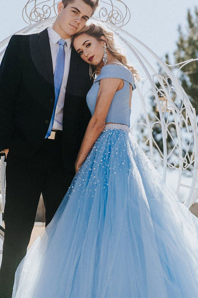 Two Pieces Light Blue Tulle Beaded Long Prom Dresses, 2 Pieces Blue Formal Dresses, Off Shoulder Blue Evening Dresses