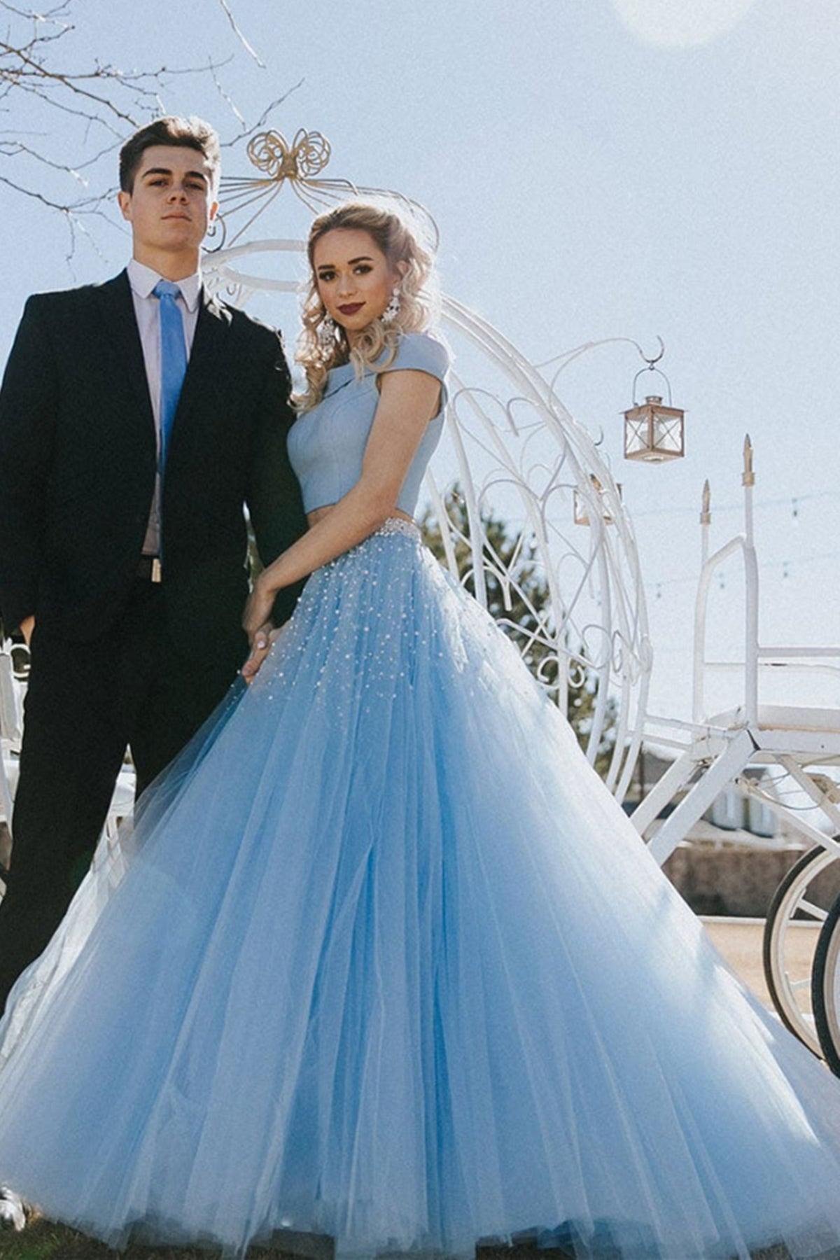 Two Pieces Light Blue Tulle Beaded Long Prom Dresses, 2 Pieces Blue Formal Dresses, Off Shoulder Blue Evening Dresses