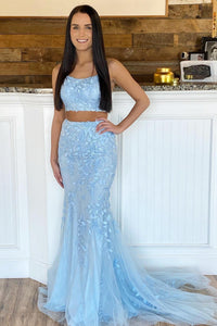 Two Pieces Mermaid Blue Lace Prom Dresses, 2 Pieces Blue Mermaid Lace Formal Graduation Dresses