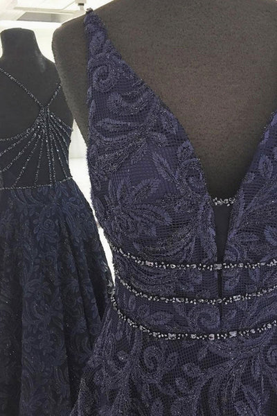 Unique Dark Blue Lace V Neck Beaded Long Prom Dresses, Dark Blue Lace Formal Graduation Evening Dresses