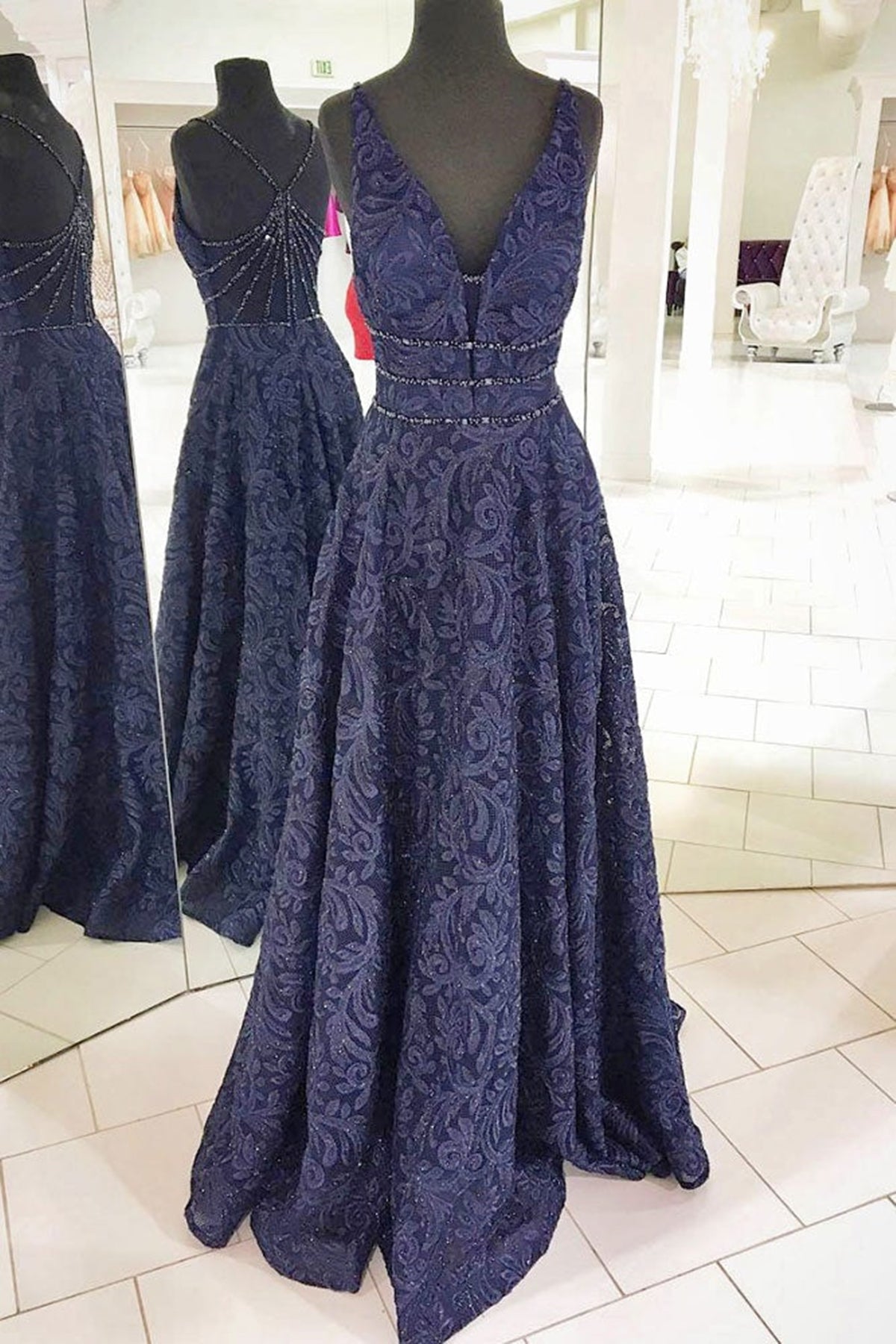 Unique Dark Blue Lace V Neck Beaded Long Prom Dresses, Dark Blue Lace Formal Graduation Evening Dresses