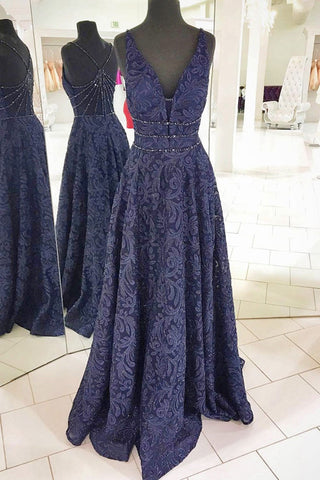 Unique Dark Blue Lace V Neck Beaded Long Prom Dresses, Dark Blue Lace Formal Graduation Evening Dresses