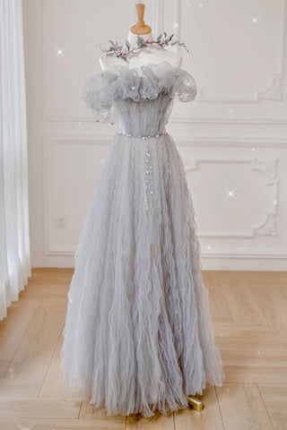 Unique Gray Tulle Long Prom Dresses with Beading, Grey Tulle Formal Graduation Evening Dresses