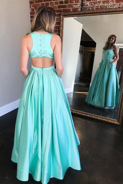 Unique Green Satin Long Prom Dresses with Pocket, Long Green Formal Graduation Evening Dresses